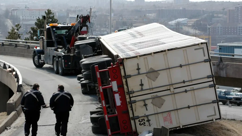 Overturned truck being recovered by a tow vehicle.