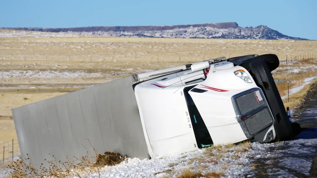 Overturned semi-truck in a rural area.
