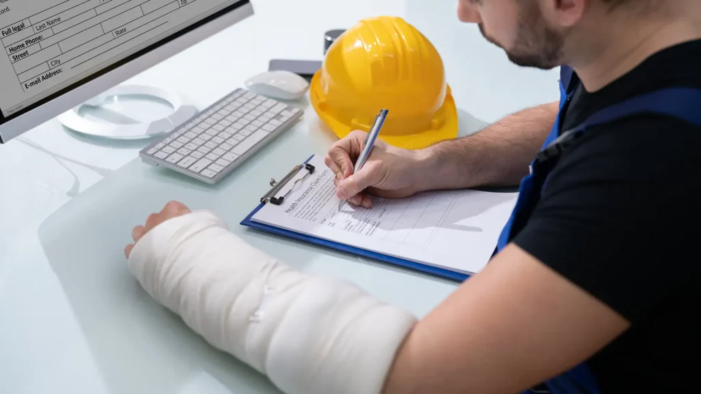 A person with a cast on their arm signing a document at a desk, with a yellow hard hat and a keyboard nearby