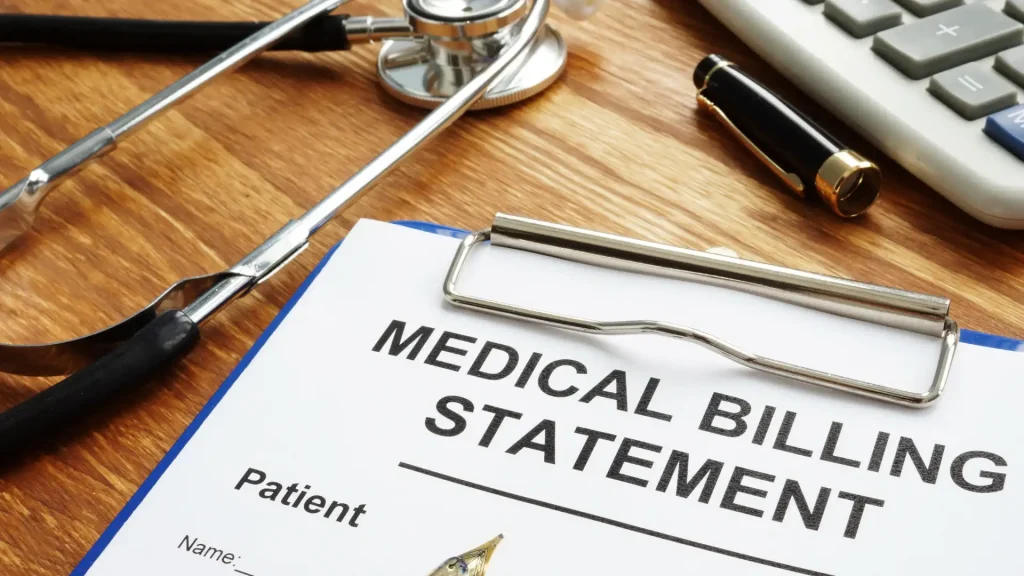 Close-up of a medical bill statement with a stethoscope and pen on a wooden desk